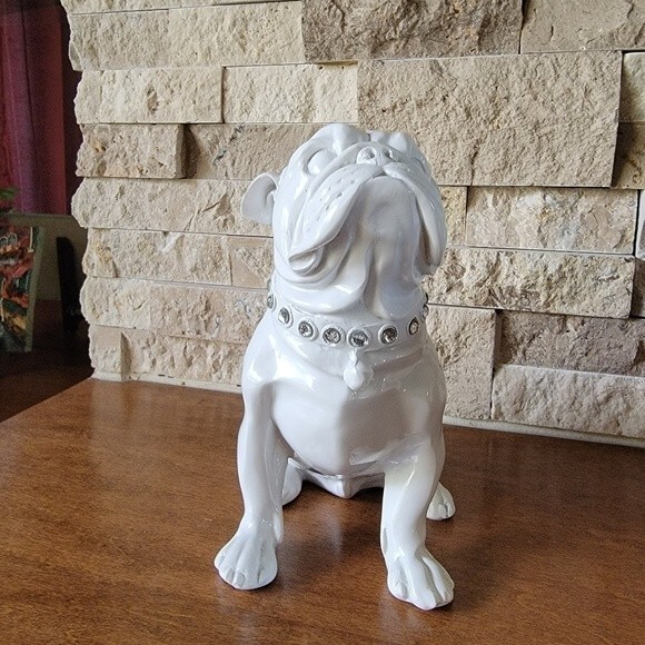 White glossy  english Bulldog figurine rhinestone collar - Picture 8 of 13